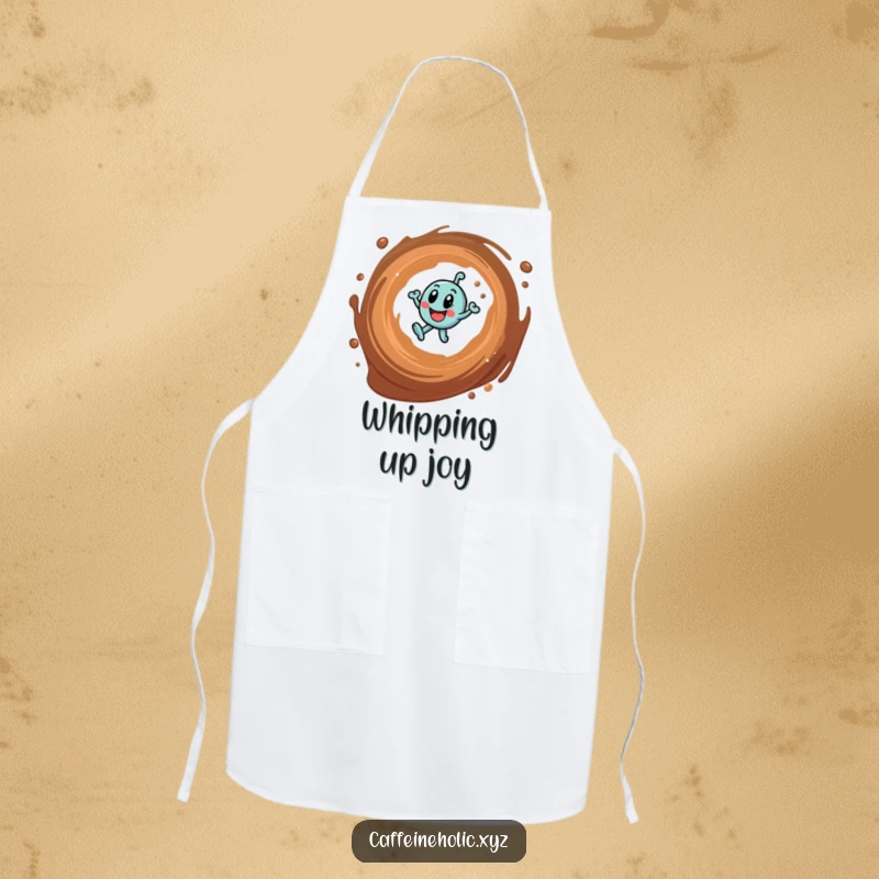 Funny apron featuring a bouncing caffeine molecule in a coffee swirl, protecting the wearer while adding kitchen humor.