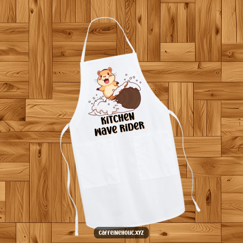 Funny kitchen apron showing a delighted capybara surfing a wave of coffee foam, adding a humorous and relaxed touch to cooking.