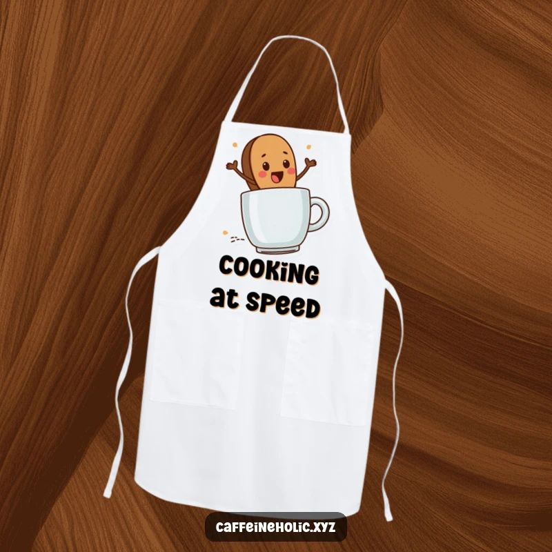 Funny Coffee Bean Chef Apron: Cute coffee bean character excitedly riding a steaming mug, humorous kitchen attire.