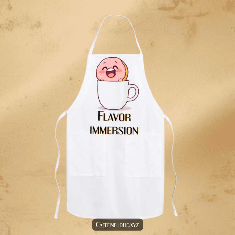 Funny apron showing a cheerful donut dunking into a mug, perfect for bakers and adding kitchen humor.