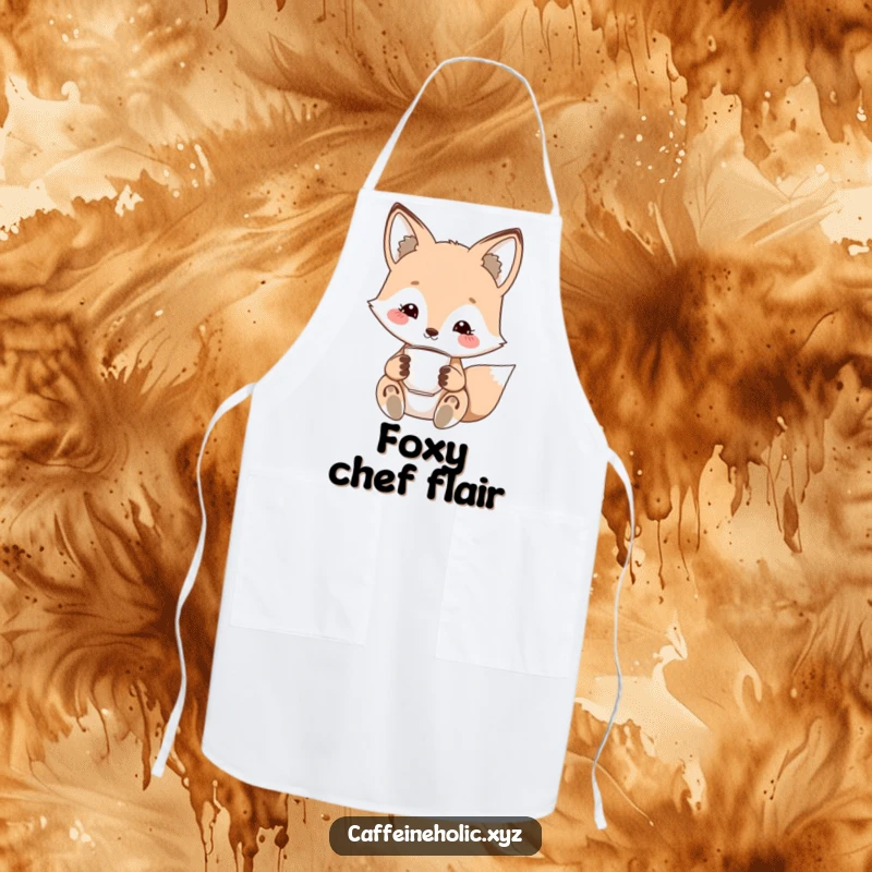 Funny kawaii fox apron, cute fox with a charming smile, holding a tiny espresso cup, perfect for kitchen activities.