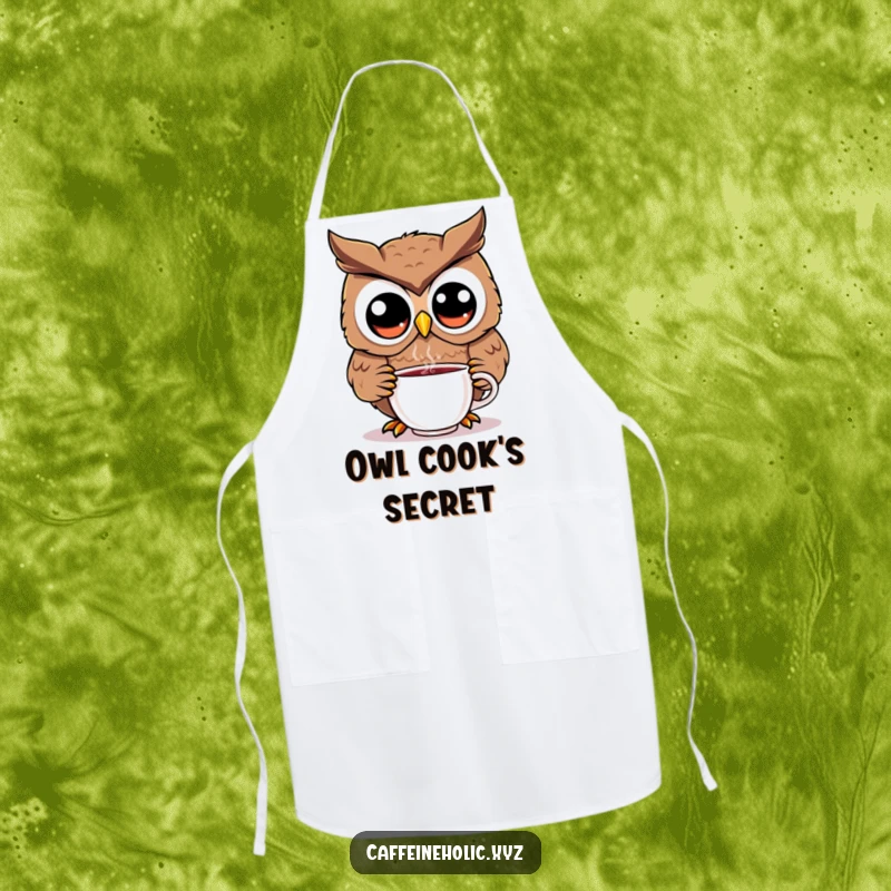Funny kawaii owl apron for cooking, featuring a cute owl with big eyes eagerly sipping from a mug, protecting your clothes.