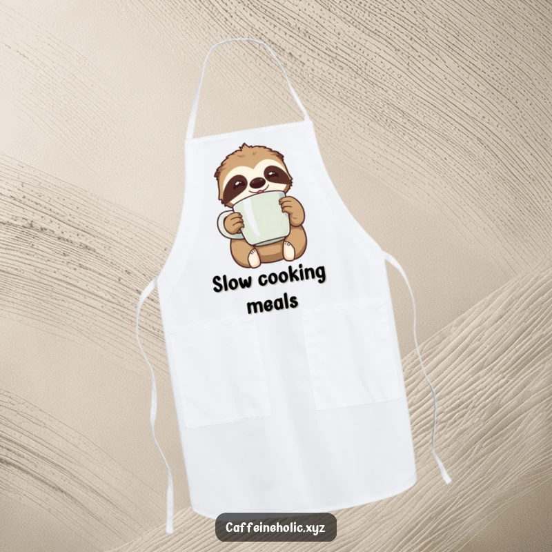 Funny kawaii sloth happily clutching an oversized coffee mug, looking relaxed, a funny apron for relaxed cooks.