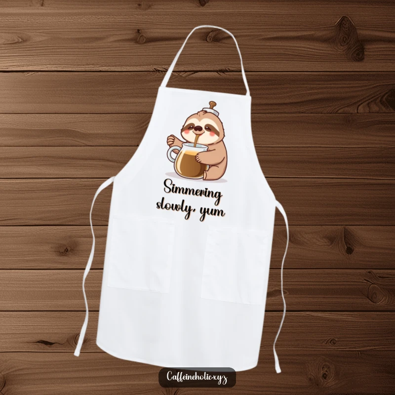Funny Sloth Coffee Apron: A cheerful sloth slowly pours coffee from a giant pot with a happy sigh, humorously overseeing kitchen tasks.