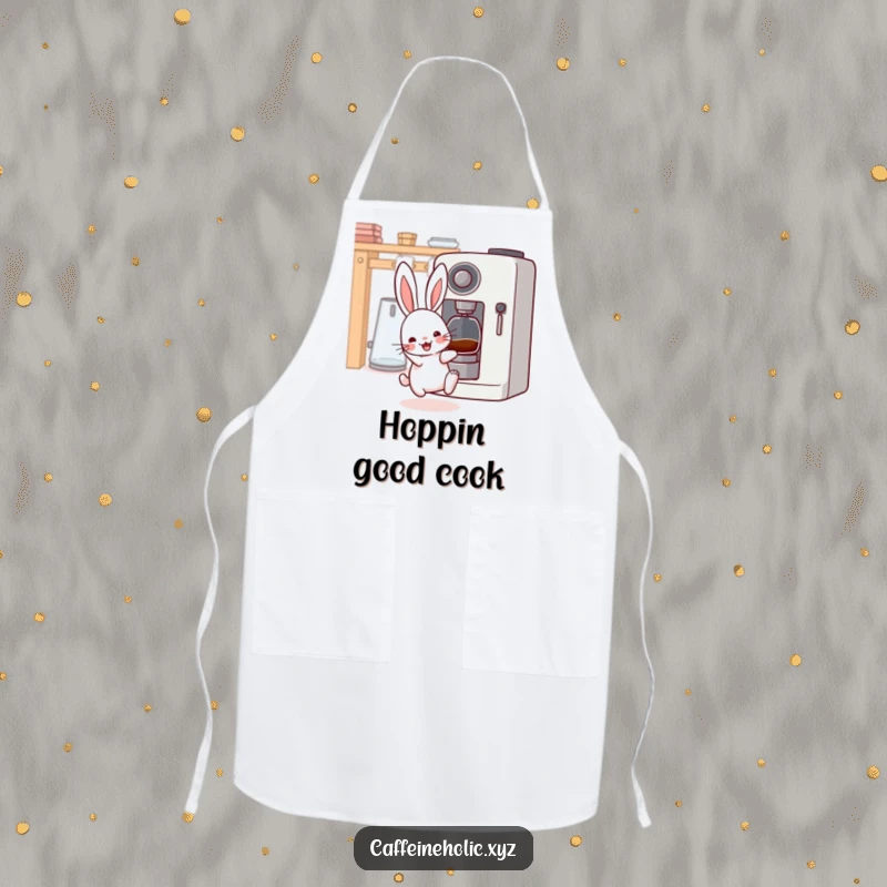 Funny kawaii rabbit apron, cute bunny with twitching whiskers, excitedly bouncing near a coffee machine, perfect for kitchen fun.