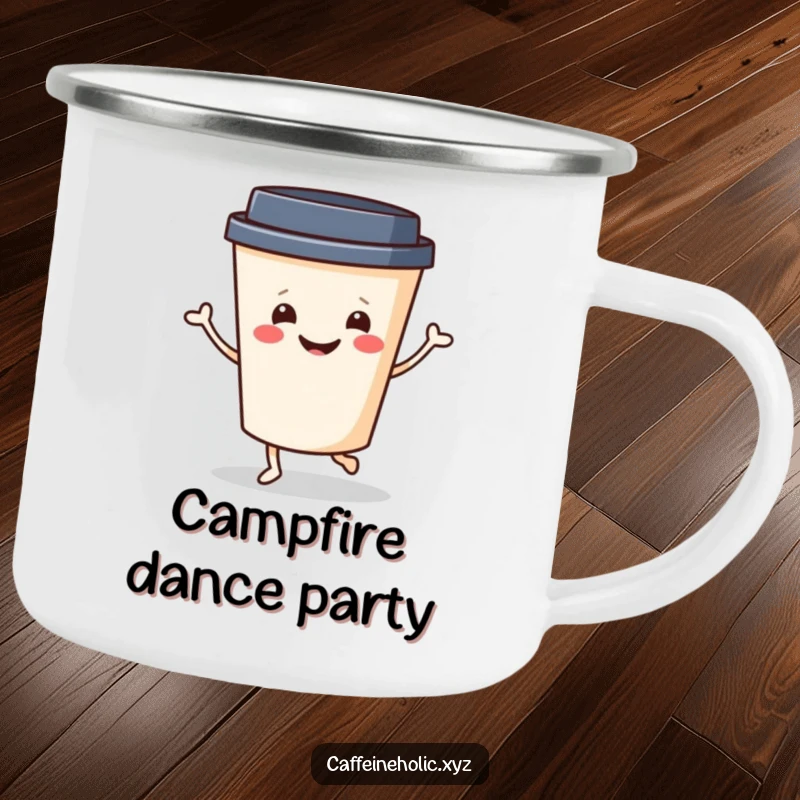 Funny Coffee Camp Mug: Cheerful coffee cup with a smiling face doing a little jig, humorous and durable camping mug.