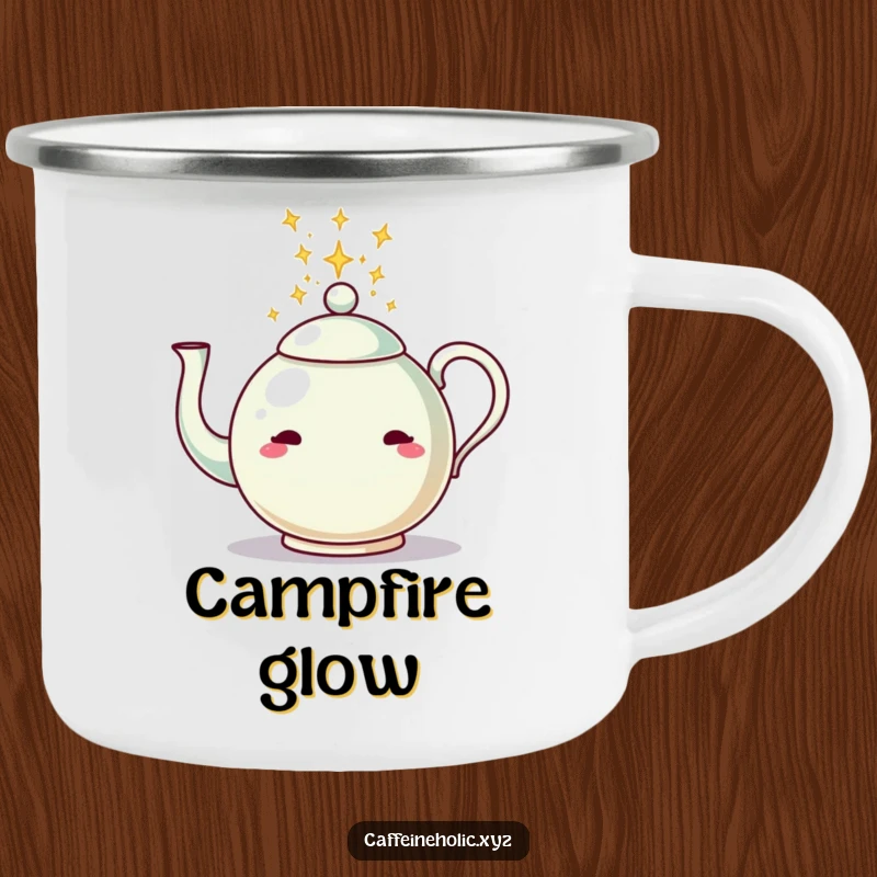 Funny camping mug showcasing a teapot pouring sparkling energy, durable and whimsical for outdoor enjoyment.