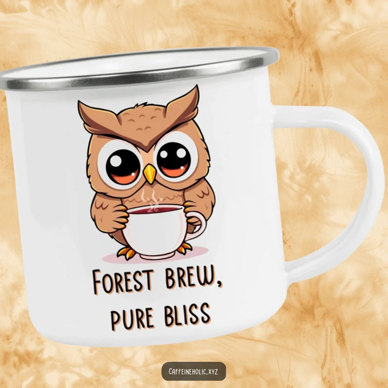 Funny kawaii owl enamel camping mug, durable and portable, featuring a cute owl sipping coffee, perfect for outdoor adventures.