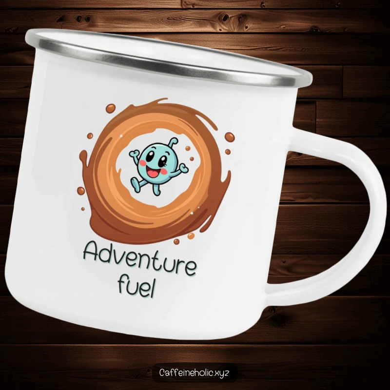 Funny camping mug featuring a caffeine molecule in a coffee vortex, durable and humorous for outdoor adventures.
