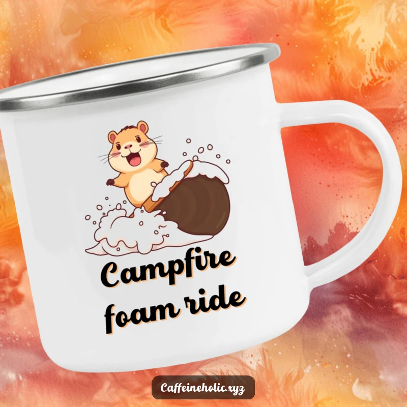 Funny enamel camping mug with a delighted capybara surfing a wave of coffee foam, ideal for enjoying beverages during outdoor adventures.