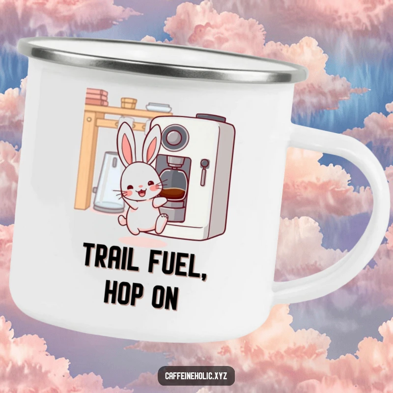 Funny kawaii rabbit enamel camping mug, durable and portable, featuring an excited bunny near a coffee machine, for outdoor fun.