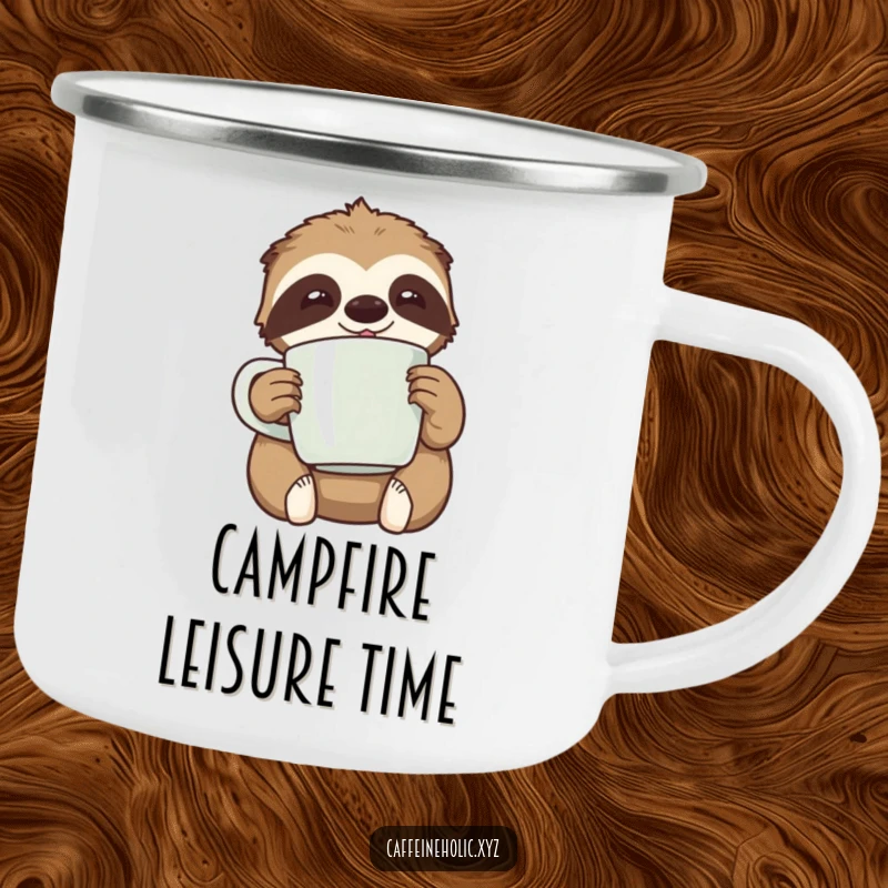 Funny kawaii sloth happily clutching an oversized coffee mug, looking relaxed, a rugged and funny camping mug.