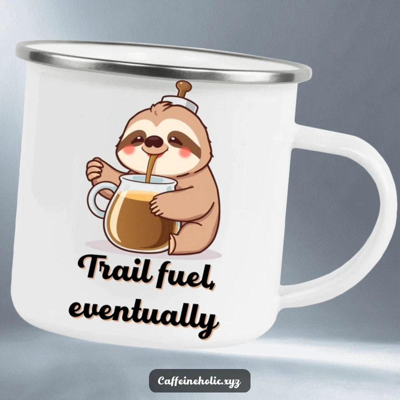 Funny Sloth Coffee Camping Mug: A cheerful sloth slowly pours coffee from a giant pot with a happy sigh, humorously embracing outdoor relaxation.