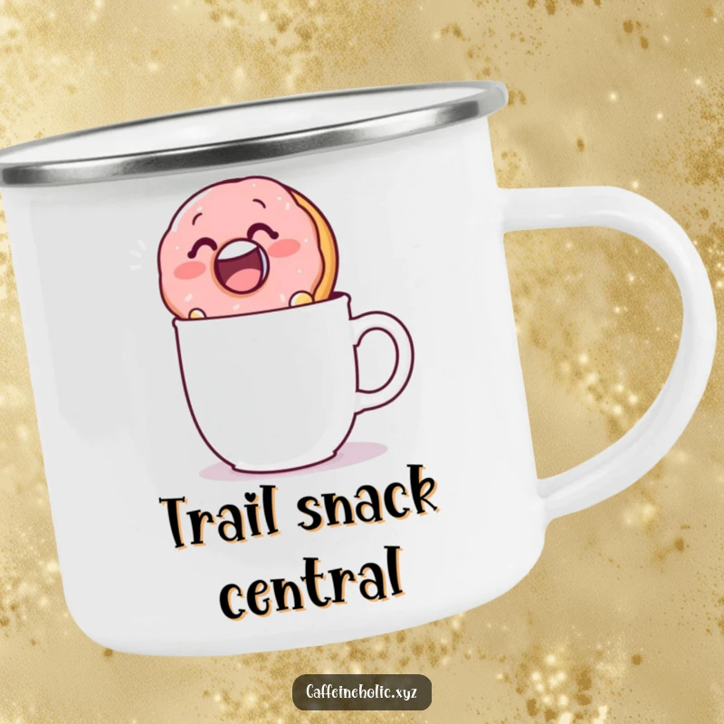 Funny camping mug showcasing a donut dunking into a mug, durable and humorous for outdoor enjoyment.