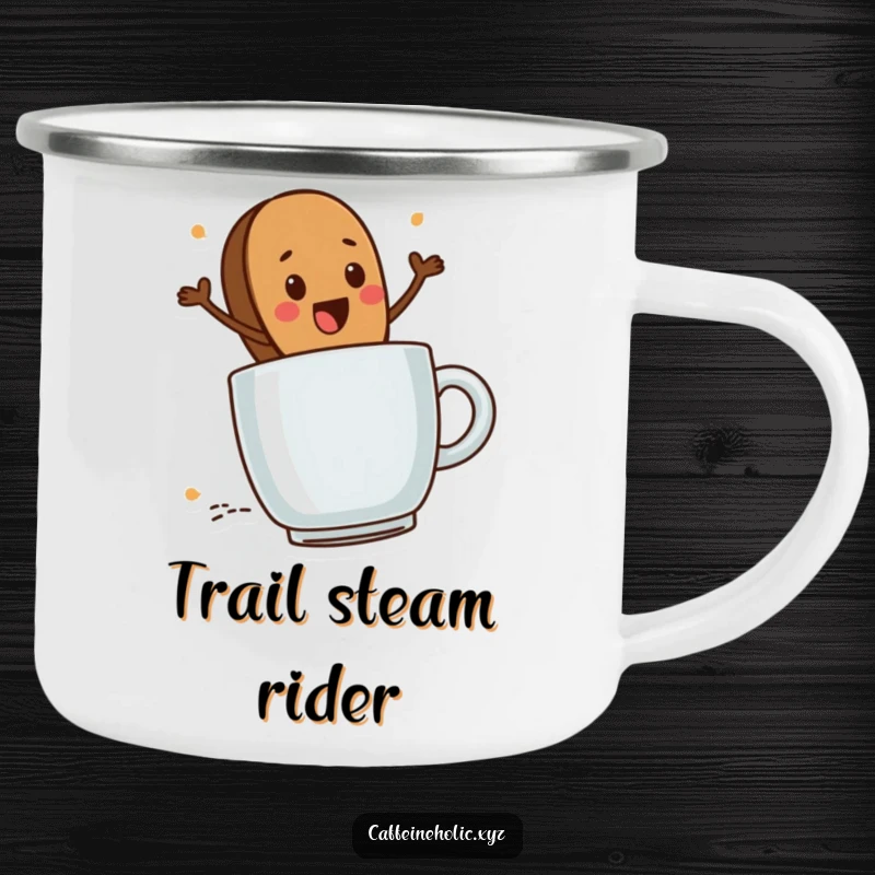 Funny Coffee Bean Camp Mug: Cute coffee bean character excitedly riding a steaming mug, humorous and durable camping mug.