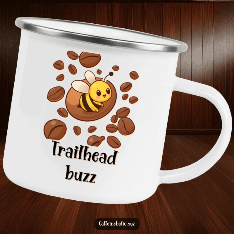 Funny enamel camping mug with a busy bee character energetically circling a large coffee bean, ideal for enjoying beverages during outdoor activities.
