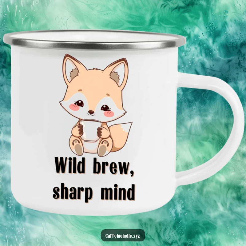 Funny kawaii fox enamel camping mug, durable and portable, featuring a cute fox with a charming smile, holding espresso.