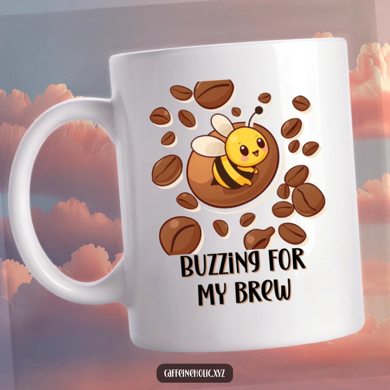 Funny bee mug showing a busy bee character energetically zooming around a comically large coffee bean, symbolizing coffee's energizing effect.