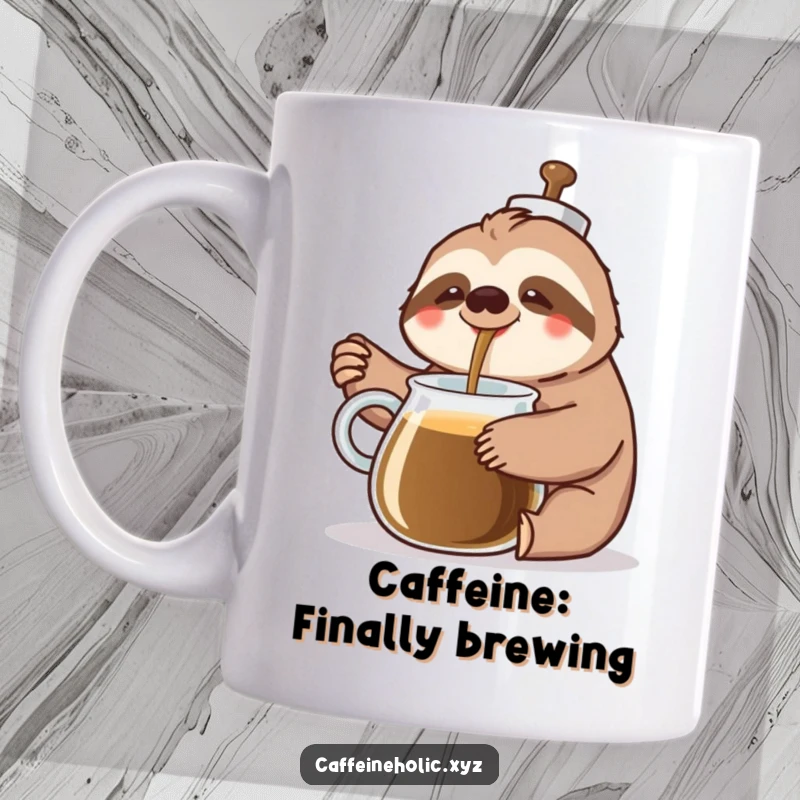 Funny Sloth Coffee Mug: A cheerful sloth happily pours coffee from a giant pot with a slow, contented sigh, embodying relaxation.