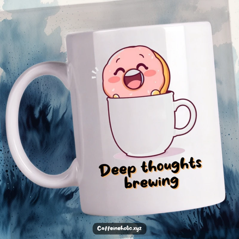 Funny mug showcasing a smiling donut happily dunking itself into a steaming cup of coffee, perfect for donut lovers.