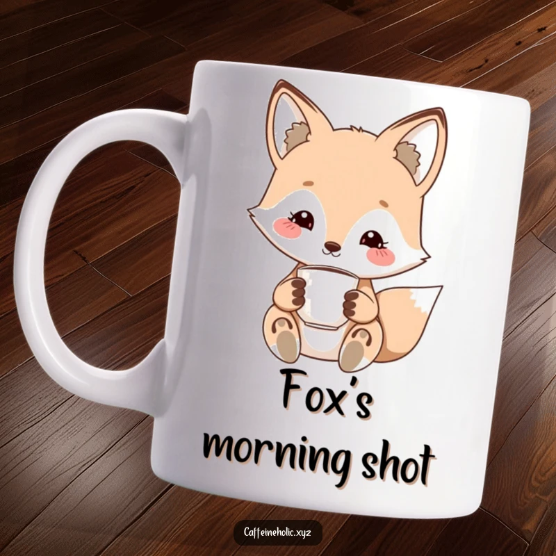 Funny kawaii fox mug, charming smile, holding a tiny espresso cup, cute and sophisticated coffee accessory.