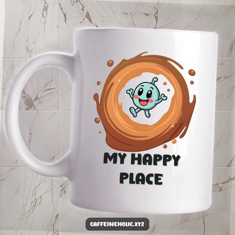 Funny mug featuring a happy caffeine molecule energetically bouncing in a swirling coffee vortex, perfect for coffee lovers.
