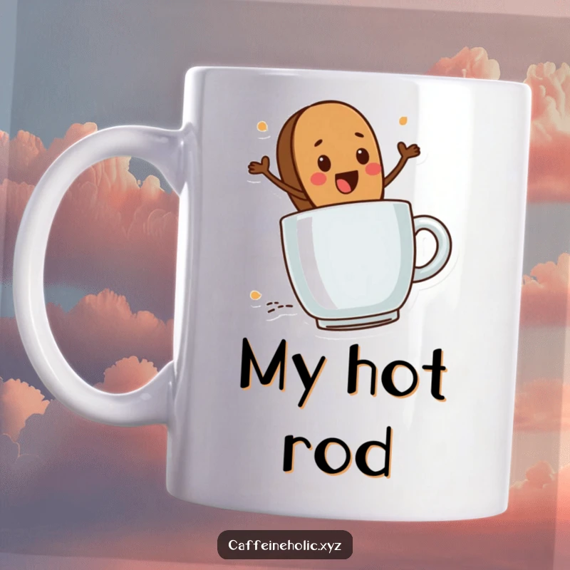 Funny Coffee Bean Ride Mug: Cute coffee bean character excitedly riding a steaming mug, symbolizing a coffee adventure.