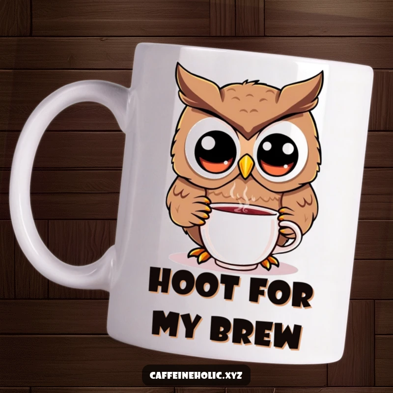 Funny kawaii owl mug with big eyes, sipping hot coffee, looking eager, perfect for a funny gift.