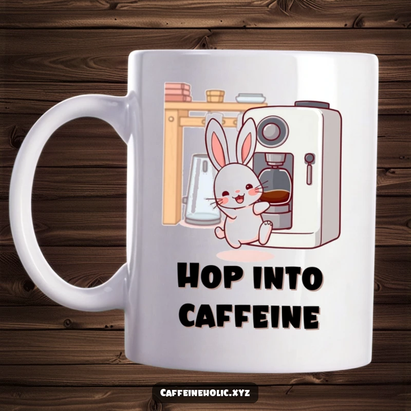 Funny kawaii rabbit mug, twitching whiskers, excitedly bouncing near a coffee machine, ready for caffeine, vibrant and cute.