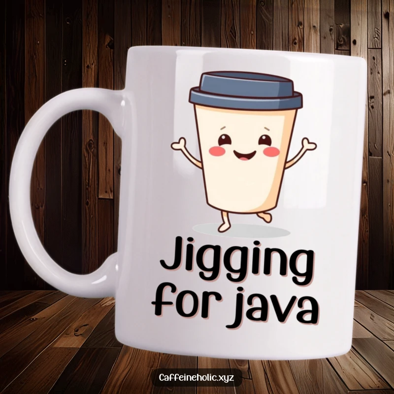 Funny Coffee Jig Mug: Cheerful coffee cup with a smiling face doing a little jig, symbolizing morning joy.