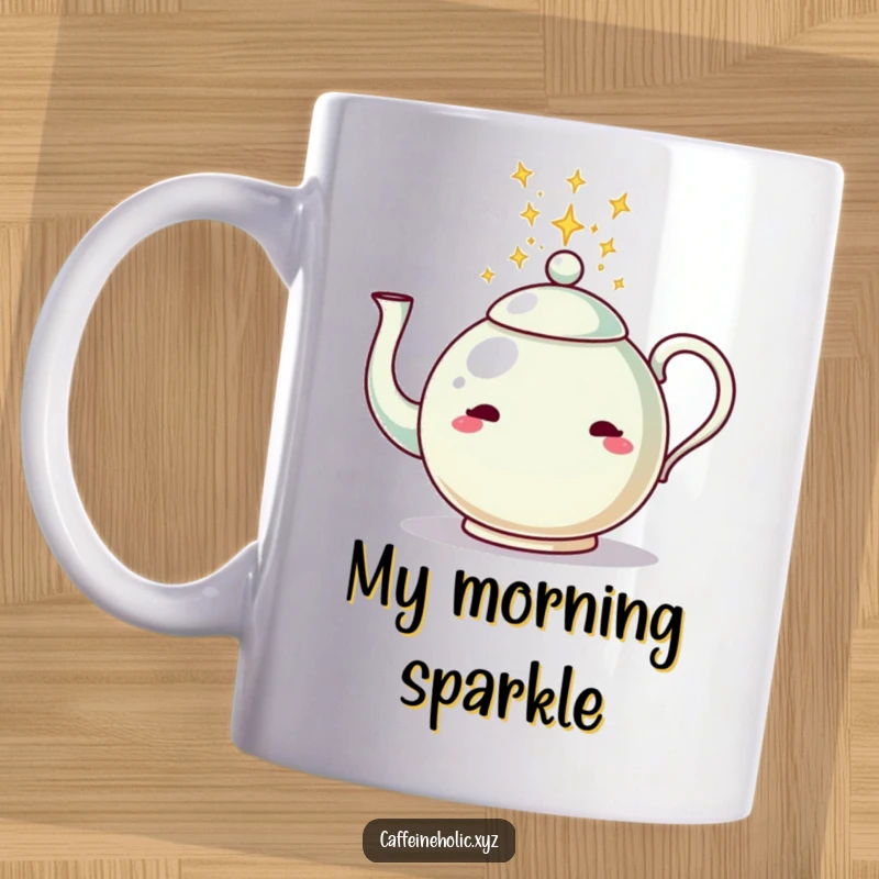 Funny mug featuring a playful teapot pouring a stream of sparkling, vibrant energy, perfect for tea enthusiasts.