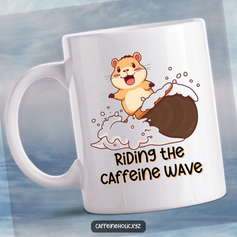 Funny capybara mug showing a delighted capybara joyfully surfing a frothy wave of coffee foam, radiating pure bliss and relaxation.