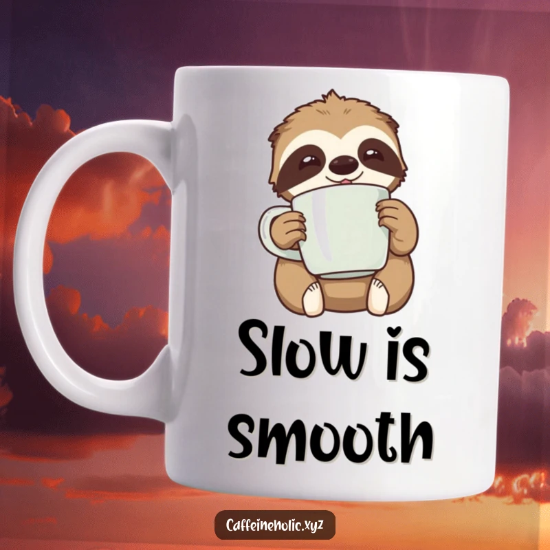 Funny kawaii sloth happily clutching an oversized coffee mug, looking relaxed, a mug for ultimate relaxation.