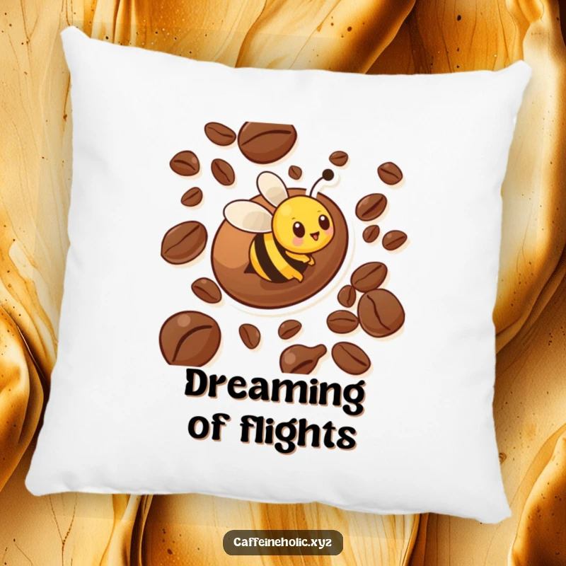 Funny pillow design of a busy bee character zooming around a large coffee bean, offering a humorous and comfortable accent.