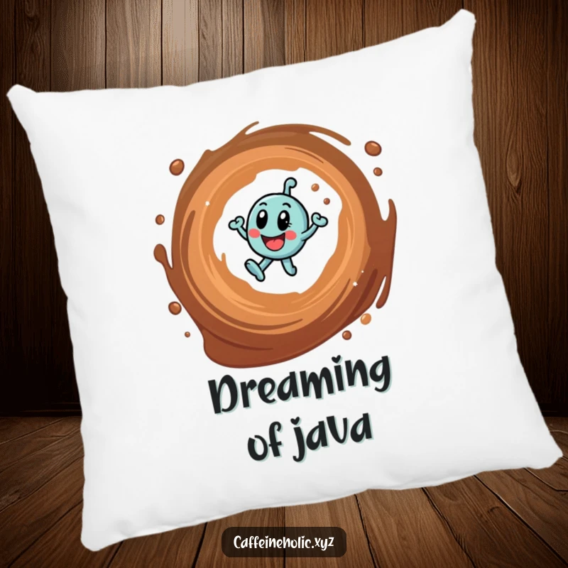 Funny pillow showcasing a lively caffeine molecule in a coffee vortex, offering comfort and a humorous aesthetic.