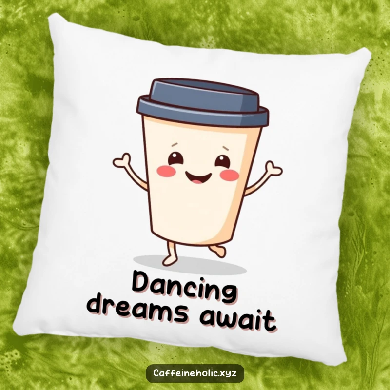 Funny Coffee Dance Pillow: Cheerful coffee cup with a smiling face doing a little jig, a humorous and cozy decor item.