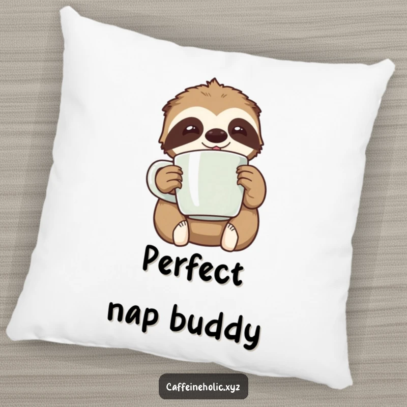 Funny kawaii sloth happily clutching an oversized coffee mug, looking relaxed, a decorative and funny pillow.