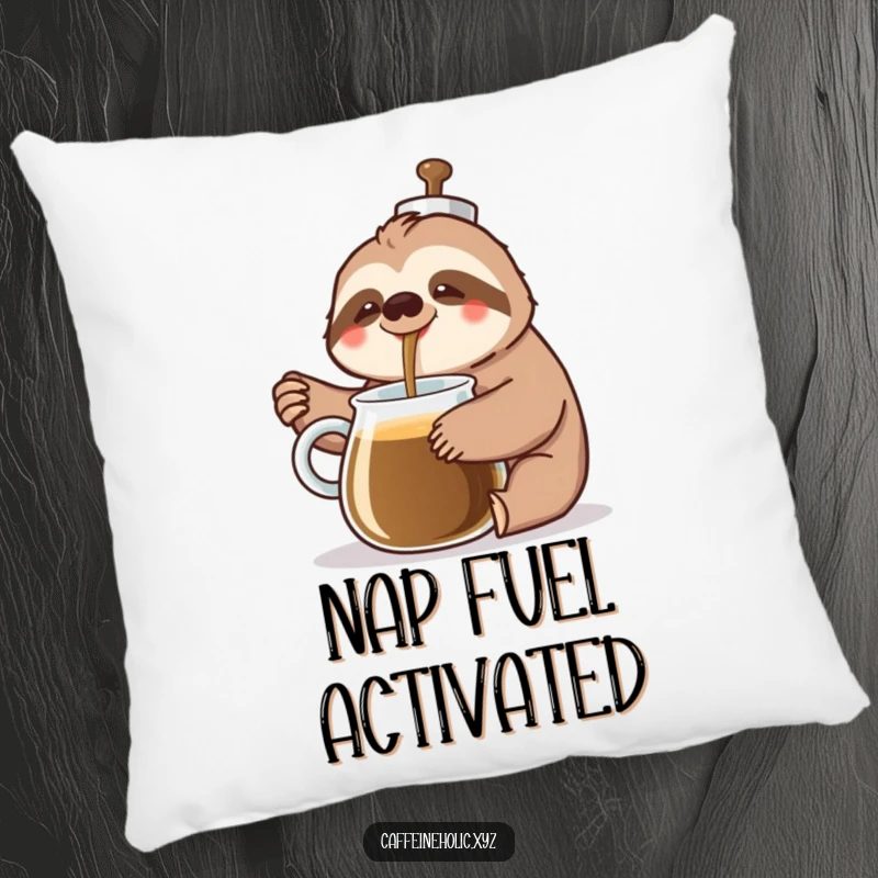 Funny Sloth Coffee Pillow: A cheerful sloth slowly pours coffee from a giant pot with a happy sigh, offering humorous comfort.