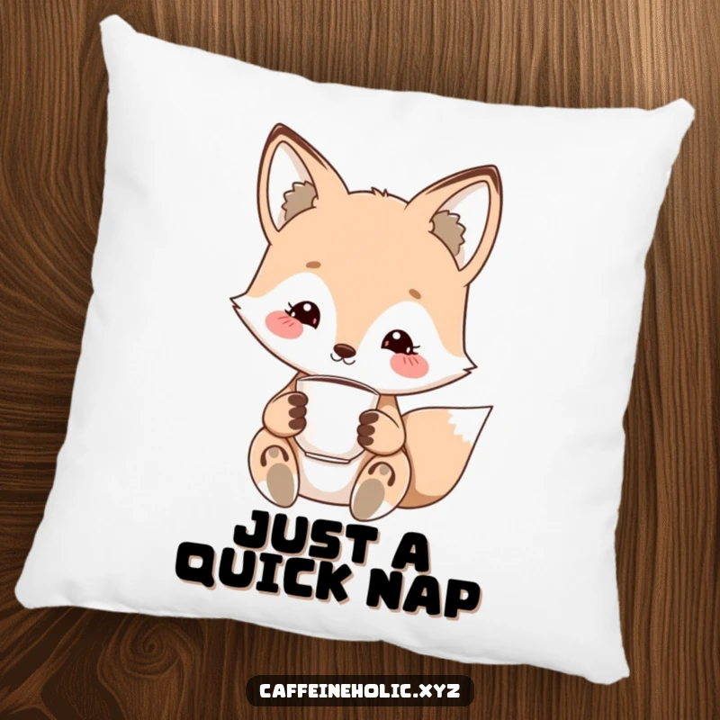 Funny kawaii fox pillow, plush cushion featuring a cute fox with a charming smile, holding a tiny espresso cup.
