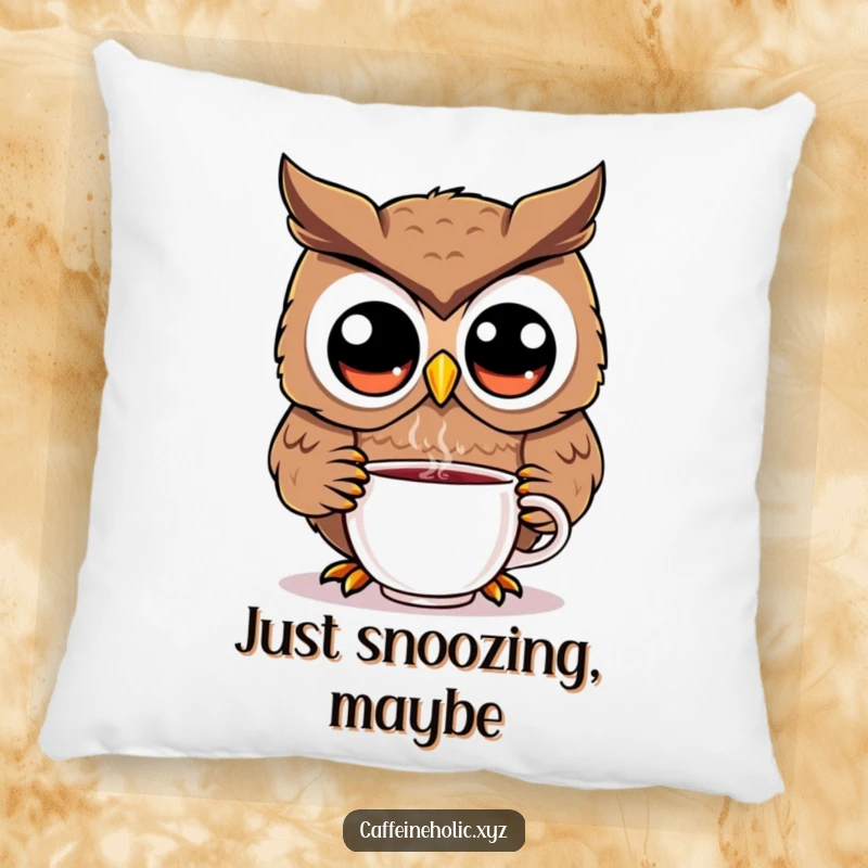 Funny kawaii owl pillow, plush cushion featuring an adorable owl with large eyes sipping coffee, soft and huggable.