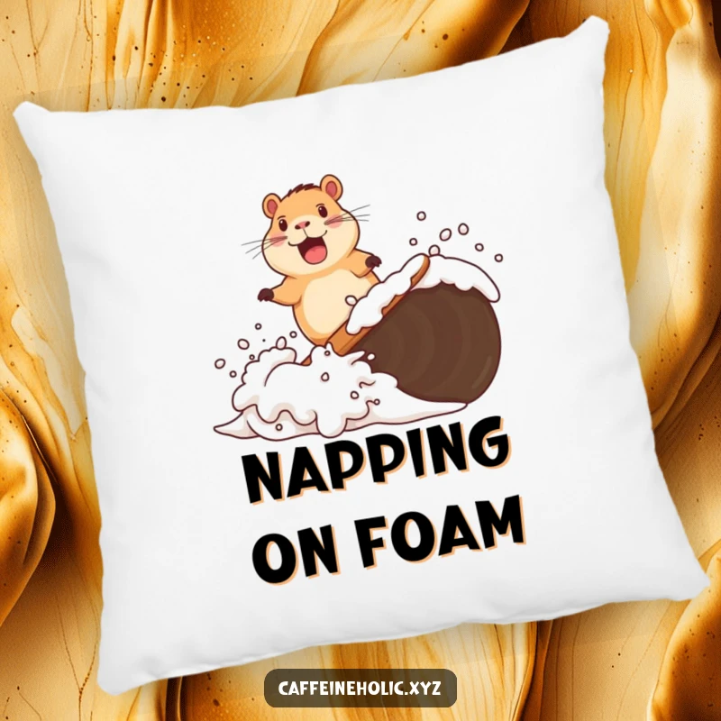 Funny pillow design of a delighted capybara surfing a wave of coffee foam, offering a humorous and comfortable addition to any seating area.