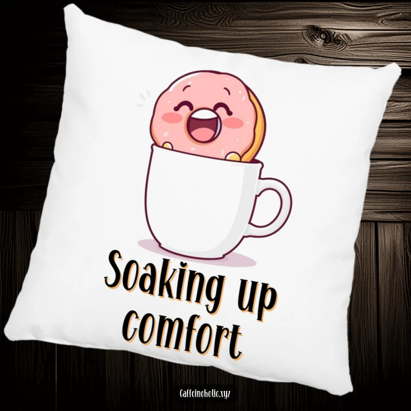 Funny pillow featuring a happy donut dunking into a mug, providing comfort and a touch of sugary humor.