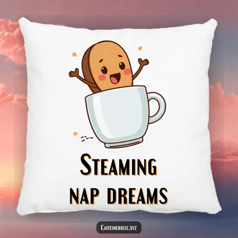 Funny Coffee Bean Pillow: Cute coffee bean character excitedly riding a steaming mug, a humorous and cozy decor item.