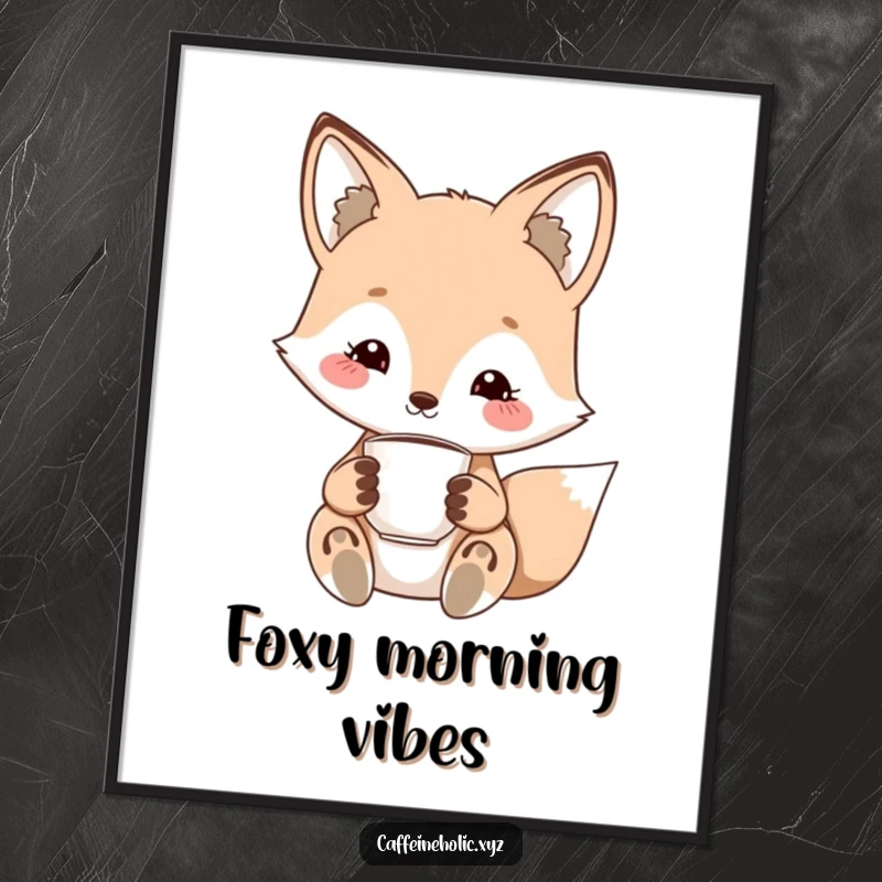 Printable funny kawaii fox digital art, featuring a cute fox with a charming smile, holding a tiny espresso cup.