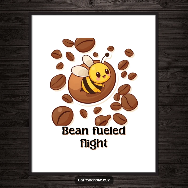 Funny digital art print of a busy bee character zooming around a giant coffee bean, capturing a moment of high-energy, humorous activity.