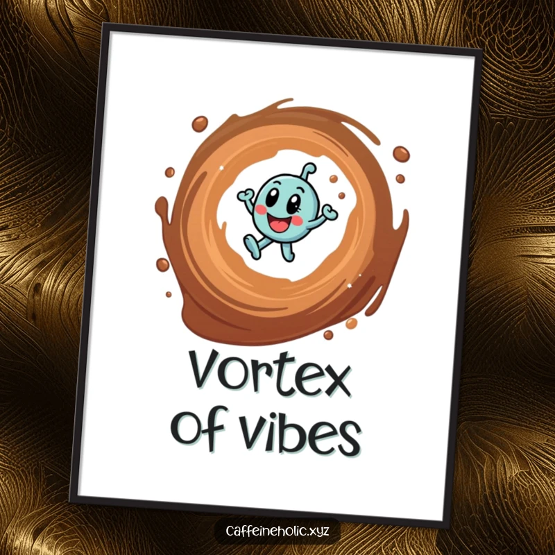 Funny digital art print of a caffeine molecule in a coffee vortex, offering instant humor and vibrant decor.