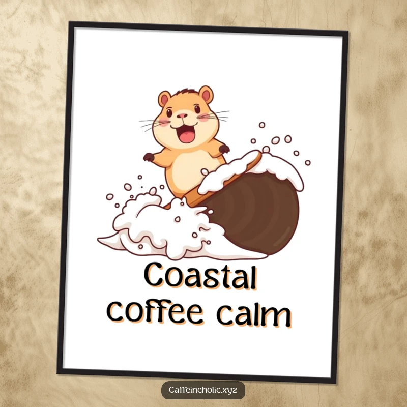 Funny digital art print of a delighted capybara joyfully surfing a wave of coffee foam, capturing a moment of humorous, serene bliss.
