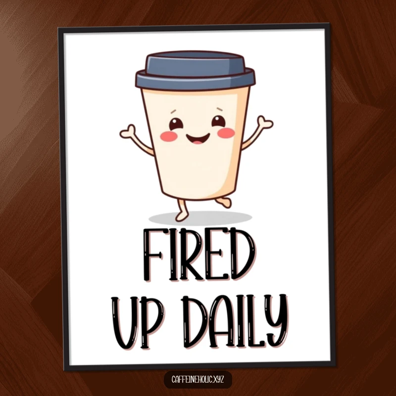 Funny Coffee Jig Print: Cheerful coffee cup with a smiling face doing a little jig, humorous wall art for a vibrant space.