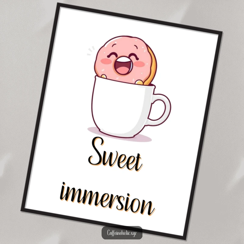 Funny digital art print of a donut character dunking into a mug, perfect for adding instant sweet humor to decor.