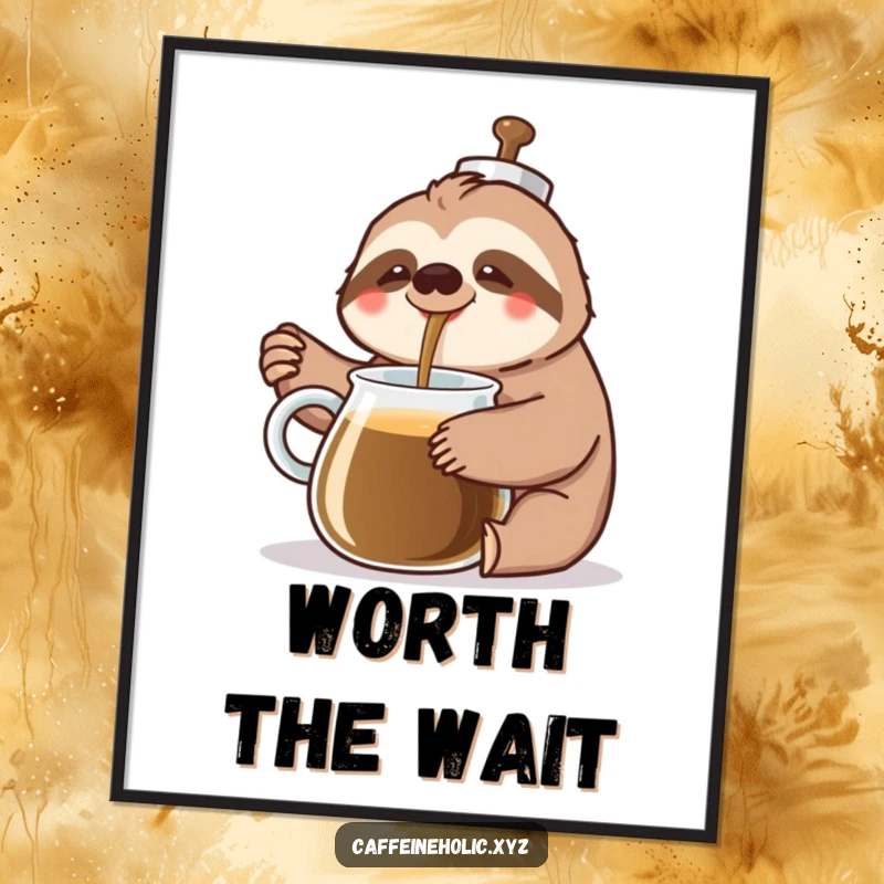 Funny Sloth Coffee Digital Art: A cheerful sloth slowly pours coffee from a giant pot with a happy sigh, depicting peaceful humor.